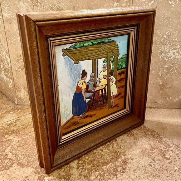Antique Don Quixote Scene 8” Enameled Clay 8” Square Tiles Custom Framed - Picture 5 of 16